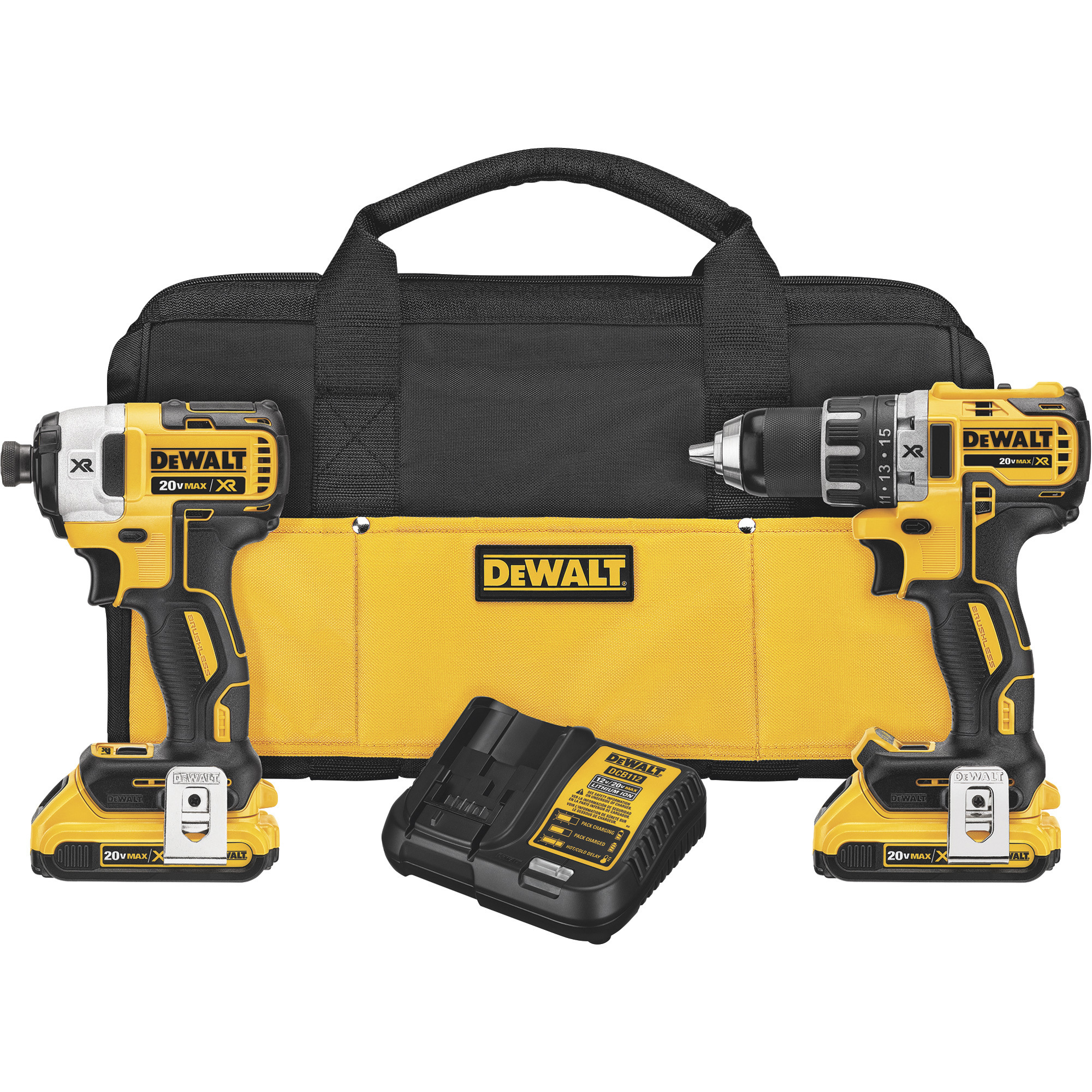 DEWALT 20V MAX XR Li-Ion Brushless Compact Power Tool Set, 1/2in. Drill/Driver and 1/4in. Impact Driver, 2 Batteries, Model# DCK283D2